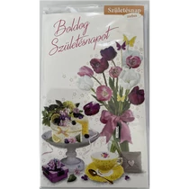Képeslap 9 ARGUS 15-6447M Szülinap női torta,lilás tulipán csokor zsebes