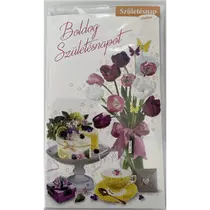 Képeslap ARGUS 9-es születésnap zsebes virágok, sütemény,tea