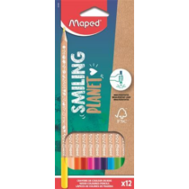 Színes ceruza készlet, háromszögletű, FSC, MAPED "Smiling Planet", 12 különböző szín