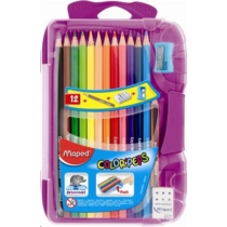 Színes ceruza készlet, háromszögletű, kiegészítőkkel, MAPED "Color`Peps Smart box", 12 különböző szín
