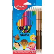 Színes ceruza készlet, háromszögletű, MAPED "Color`Peps World", 12 különböző szín + 3 kétvégű bőrtónus ceruza