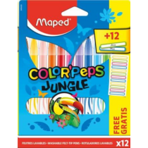 Filctoll készlet, 2,8 mm, kimosható, MAPED "Color`Peps Jungle" 12 különböző szín+12 ajándék matrica