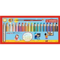 Színes ceruza készlet, kerek, vastag, STABILO "Woody 3 in 1", 18 különböző szín
