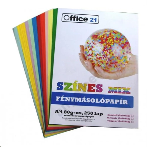 Fénymásolópapír Office 21 A/4 80g mix vegyes színek 10x25l 250l/cs