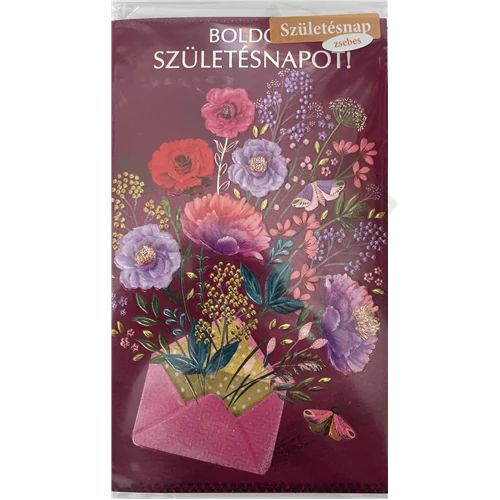 Képeslap 8 ARGUS 15-6461 Szülinap női bordó alapon borítékban virágok zsebes KF.