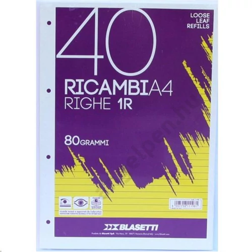 Pótbetét gyűrűskönyvbe BLASETTI Ricambi A/4 40lap fehér, vonalas   1198