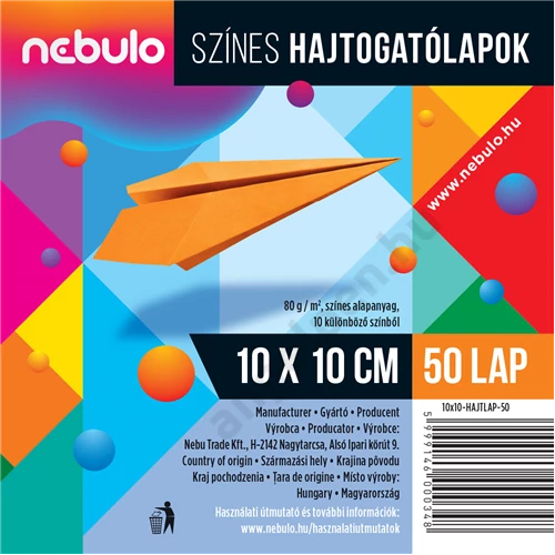 Színes hajtogatólapok 10x10, 80g, vegyes színek, Nebulo (25)