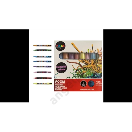 UNI POSCA PC-3ML CSILLÁMLÓ 8 DB-OS KÉSZLET (csillámló sárga, piros, rózsaszín, lila, kék, villágoskék, zöld, narancs)