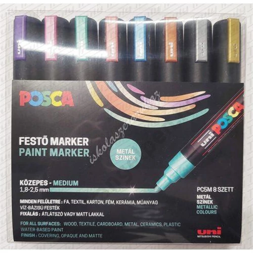 UNI POSCA PC-5M 8 db-os METÁL  készlet (arany, ezüst, bronz, metál: lila, kék, rózsa, piros, zöld) 
