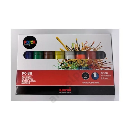 UNI POSCA PC-8K 8DB-OS KÉSZLET (kék, zöld, barna, sárga, fehér,  narancs, piros, fekete)