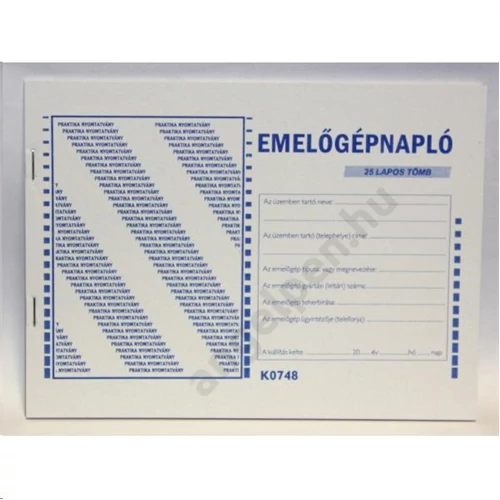 Emelőgépnapló A/5 fekvő, K0748 PR. 25 lapos