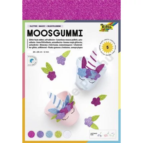 Moosgumi, öntapadó, csillámos, 20x29 cm, 5 lap, FOLIA "Magic", 5 különböző szín