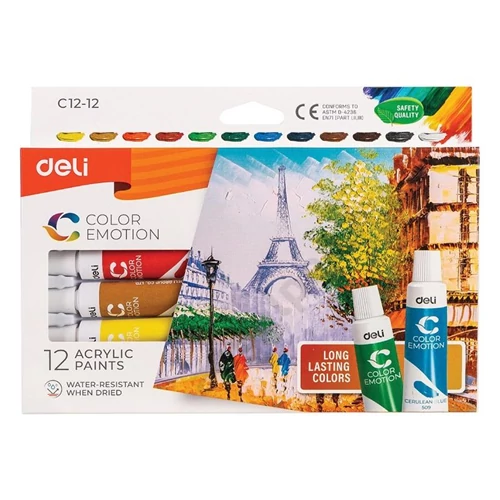 Akrilfestékkészlet, 12x12 ml, DELI "COLOR EMOTION", 12 különböző szín