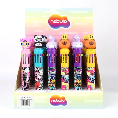 Golyóstoll 10 színű, színes kínálóban, funny animals, Nebulo (30)