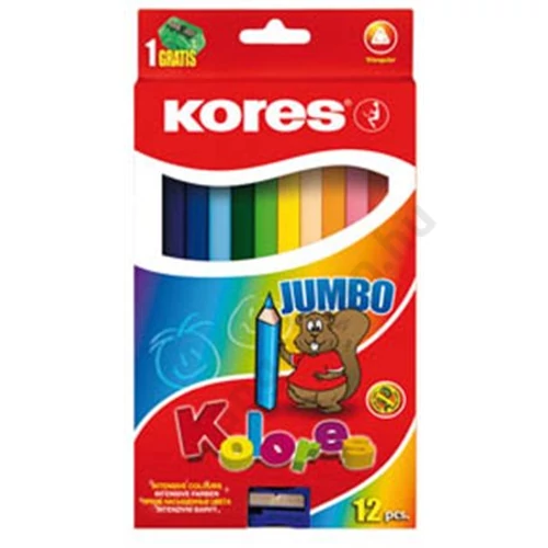 Színes ceruza készlet, háromszögletű, vastag, KORES "Jumbo", 12 különböző szín