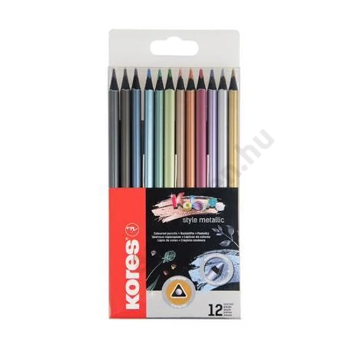 Színes ceruza készlet, háromszögletű, KORES "Kolores Style Metallic", 12 metál szín