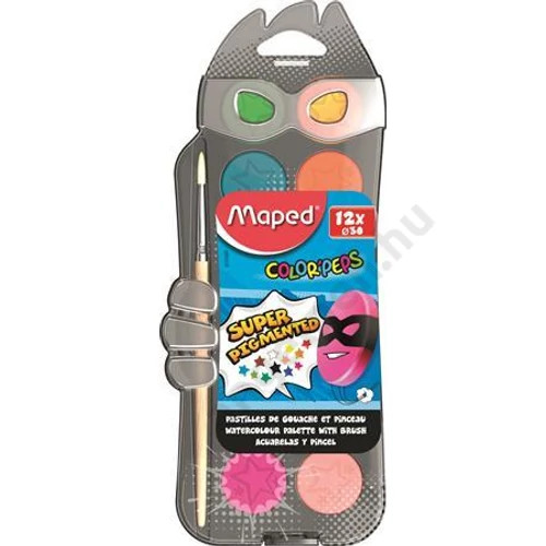 Vízfesték, 12 szín, 30 mm átm/szín + ajándék ecset, MAPED