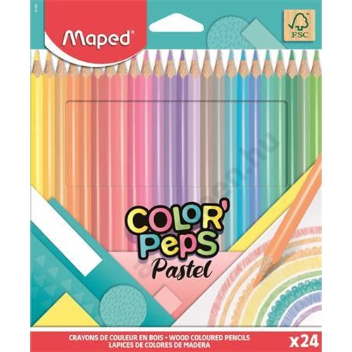Színes ceruza készlet, háromszögletű, MAPED "Color`Peps Pastel", 24 különböző pasztell szín