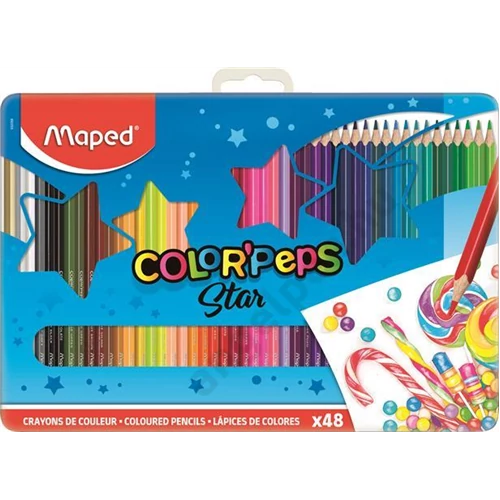 Színes ceruza készlet, háromszögletű, fém doboz, MAPED "Color`Peps Star", 48 különböző szín