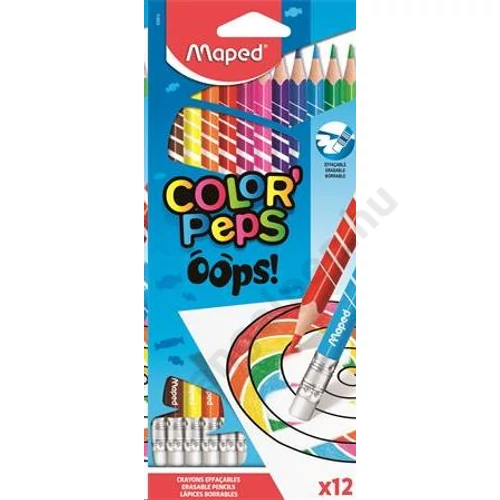 Színes ceruza készlet, háromszögletű, radírozható, MAPED "Color`Peps Oops", 12 különböző szín