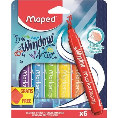 Ablakfilc készlet, vastag, törlőkendővel, 5 mm, MAPED "Marker`Peps", 6 különböző szín