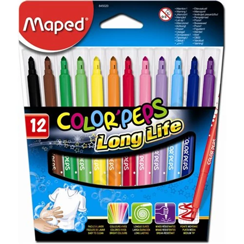 Filctoll készlet, 1-3,6 mm, kimosható, MAPED "Color`Peps Long Life", 12 különböző szín