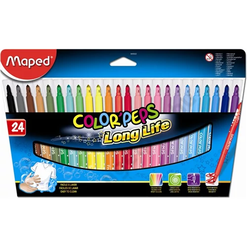 Filctoll készlet, mosható, MAPED "Color`Peps Long Life", 24 különböző szín