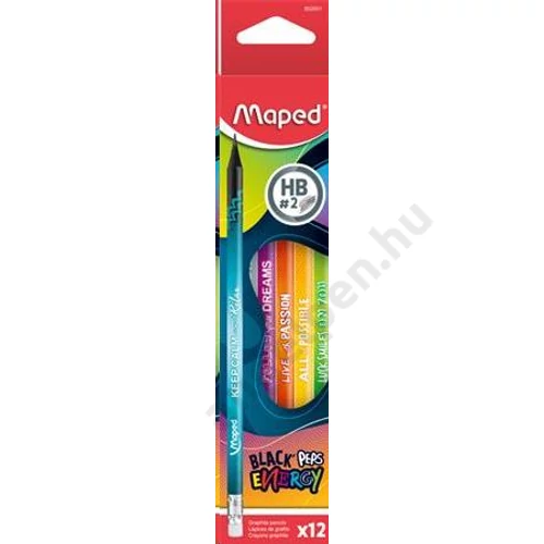 Grafitceruza radírral, HB, háromszögletű, MAPED "Black`Peps Energy", 6 különböző minta