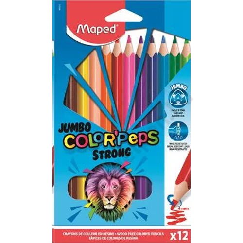 Színes ceruza készlet, háromszögletű, MAPED "Jumbo Color`Peps Strong", 12 különböző szín