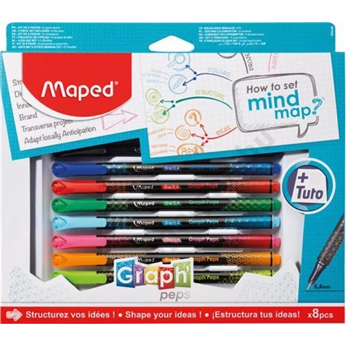 Tűfilc készlet, 0,4 mm, MAPED "Graph`Peps - How to Mind Map Box", 8 különböző szín