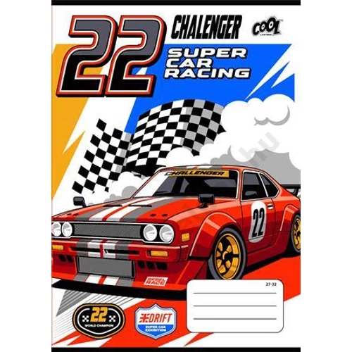 Füzet, tűzött, A5, kockás, 32 lap, COOL BY VICTORIA "Race cars", "27-32"