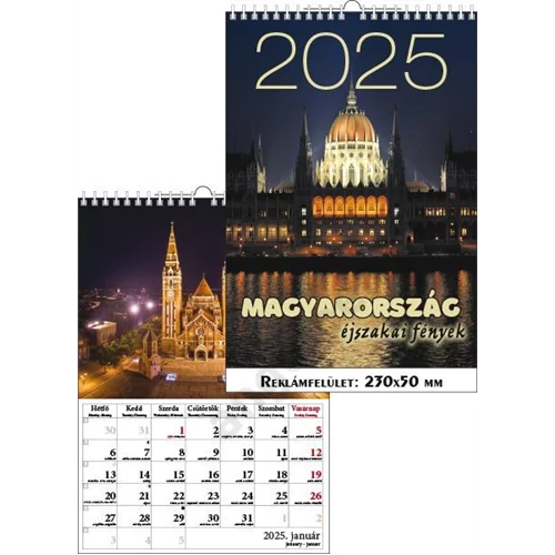 Falinaptár 23x33 cm spirálozott T-Calendar "Magyarország" Éjszakai fények 2025