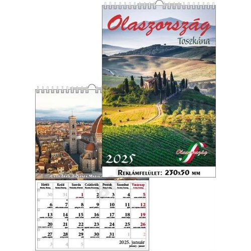 Falinaptár 23x33 cm spirálozott T-Calendar "Olaszország" Toszkána 2025