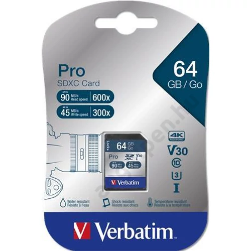 Memóriakártya, SDXC, 64GB, CL10/U3, 90/45MB/sec, VERBATIM "PRO"