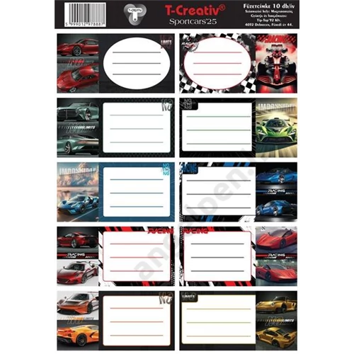 Füzetcímke 25 ív/csomag T-Creativ "Sportcars"
