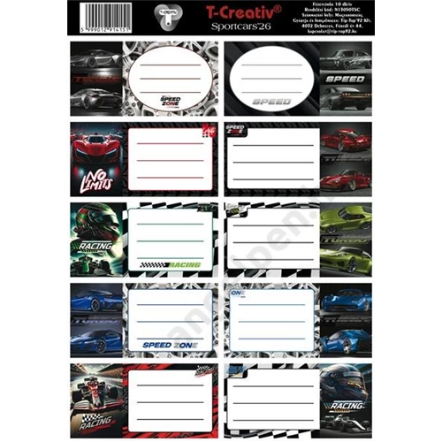 Füzetcímke 25 ív/csomag T-Creativ "Sportcars"