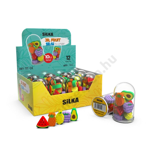 Radír, dizájn mintával, mini, színes kínálóban, 10 db vegyesen, gyümölcsök, Silka (12)