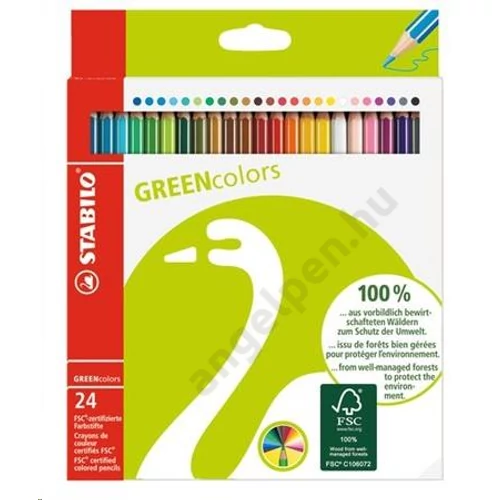 Színes ceruza készlet, hatszögletű, STABILO "GreenColours", 24 különböző szín