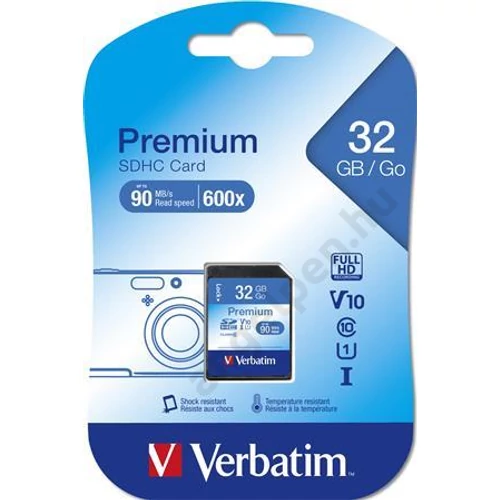 Memóriakártya, SDHC, 32GB, CL10/U1, 90/10 MB/s, VERBATIM "Premium"