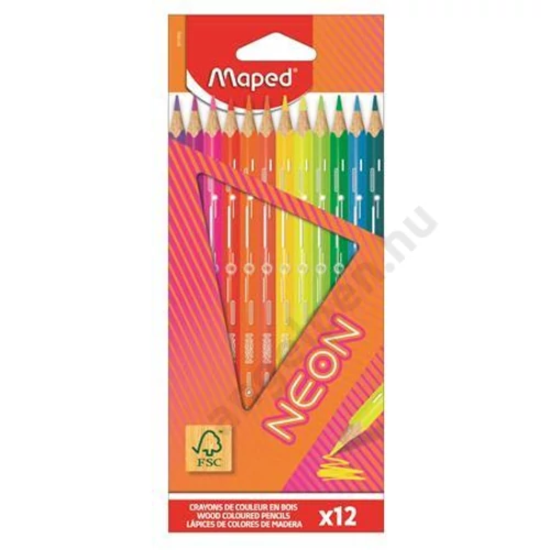 Színes ceruza készlet, háromszögletű, MAPED "Neon", 12 különböző szín