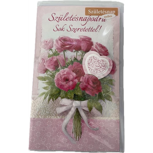 Képeslap 10 ARGUS 15-6514 Szülinap női rózsacsokor,rajta szív zsebes