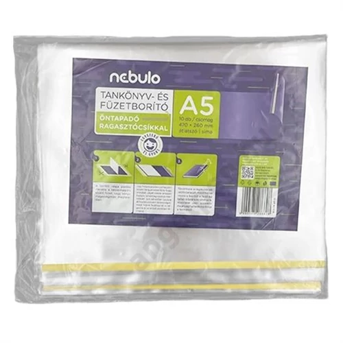 Tankönyvborító, A5, ragasztócsíkkal, víztiszta, sima felületű, 10 ív/csomag, Nebulo (10)